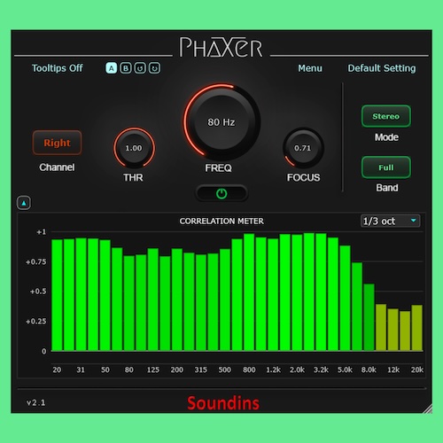 Soundins「PhaXer」ステレオ音源の左右チャンネルに発生した位相のズレを周波数ごとに補正し、モノラル互換性を改善できるマスタリング向けプラグイン｜DTMプラグインセール