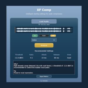 Sintelab「XF Comp」音声ファイルを分析してThreshold・Ratio・Attackなどのコンプレッサー設定を提案してくれる便利なVST3プラグイン｜DTMプラグインセール