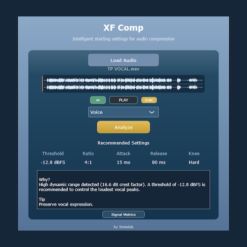 Sintelab「XF Comp」音声ファイルを分析してThreshold・Ratio・Attackなどのコンプレッサー設定を提案してくれる便利なVST3プラグイン｜DTMプラグインセール