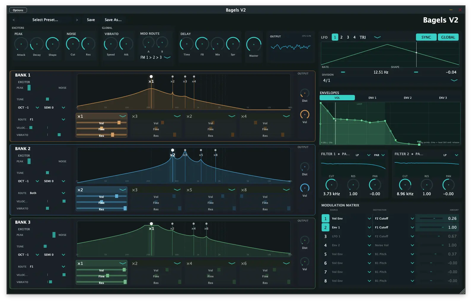 Dropshot Audio「Bagels V2」3つのレゾネーターバンクと4基のレゾネーターを組み合わせて、自由なスペクトルデザインと表情豊かな音作りを楽しめるレゾネーターシンセサイザー|DTMプラグインセール