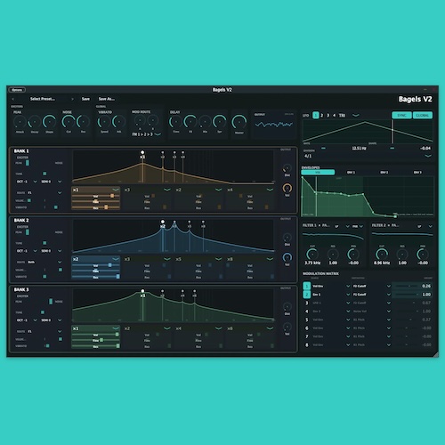 Dropshot Audio「Bagels V2」3つのレゾネーターバンクと4基のレゾネーターを組み合わせて、自由なスペクトルデザインと表情豊かな音作りを楽しめるレゾネーターシンセサイザー｜DTMプラグインセール