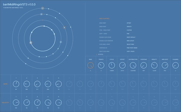 bartfxaudio「bartMidiRingsVST3」4つの独立したリングでポリリズムや複雑なフレーズを作成できる円形MIDIシーケンサー|DTMプラグインセール
