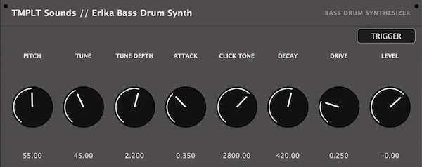 TMPLT Sounds「Erika Kick Drum Synth」サンプル不要で808・909系を思わせるアナログキックサウンドを作れるドラムシンセ｜DTMプラグインセール