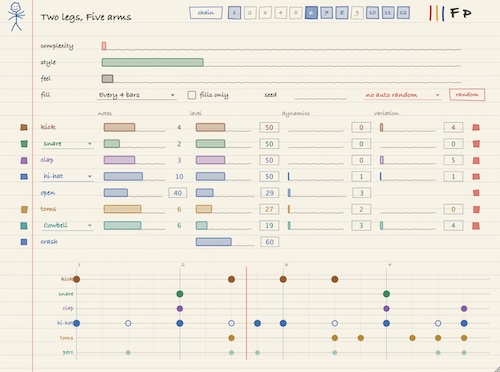 François Pé「Two Legs, Five Arms」ノート数やスタイルを設定するだけで自然なドラムパターンを自動生成できるジェネレーティブドラムプラグイン｜DTMプラグインセール