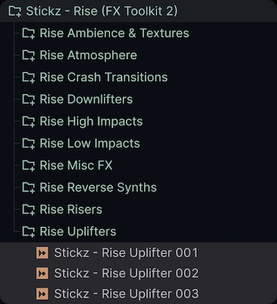 Stickz「RISE」ライザー・インパクト・トランジション・環境音など、楽曲の展開や雰囲気作りに役立つ240種類以上のFXを収録した無料サンプルパック｜DTMプラグインセール