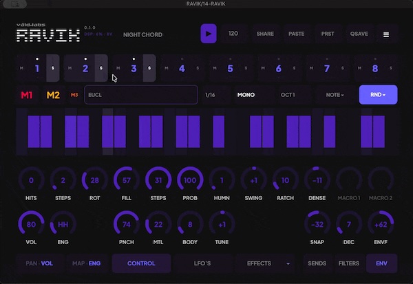 Våld Labs「Ravik」ジェネレーティブシーケンサー・24種類のシンセシスエンジン・8つの独立ボイスを搭載し、変化のあるビートや実験的なパーカッションを制作できるドラムシンセサイザー｜DTMプラグインセール