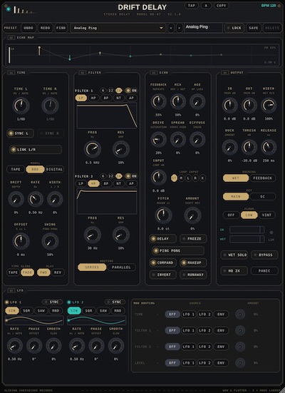Sliding Cheesecake Records「Drift Delay」2基のフィルターやReverse、Freeze、サイドチェインダッキングまで搭載した多機能ステレオディレイプラグイン|DTMプラグインセール