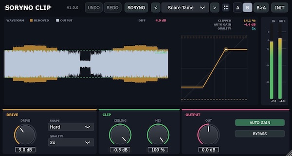 SORYNO「SORYNO CLIP」クリッピングで削られた部分を波形表示で確認できる無料VST3クリッパープラグイン|DTMプラグインセール