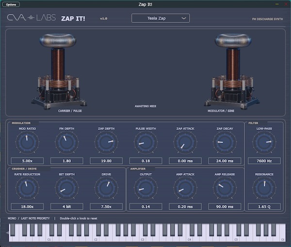 CVA Labs「Zap It!」テスラコイルの放電音をモチーフにした個性的なモノフォニックFMシンセサイザー|DTMプラグインセール