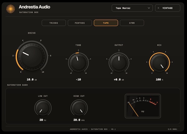 Andrestia Audio「Saturation Box」4種類のアナログサチュレーションモデルを搭載し、真空管・テープ・トランスの質感を再現できるプラグイン|DTMプラグインセール