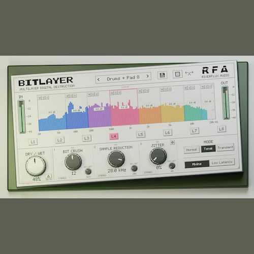 RiverFlux Audio「BIT LAYER」8つの独立レイヤーで周波数帯域ごとにビットクラッシュ・サンプルレート・ジッターを設定できるマルチレイヤー・クラッシャー｜DTMプラグインセール