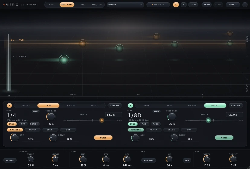 Vitric Audio「Colonnade Delay」2基のディレイを異なる奥行きに配置し、4つのキャラクターとルーティングで立体的なエコーを作れるディレイプラグイン｜DTMプラグインセール