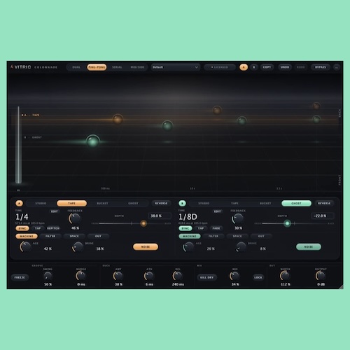 Vitric Audio「Colonnade Delay」2基のディレイを異なる奥行きに配置し、4つのキャラクターとルーティングで立体的なエコーを作れるディレイプラグイン｜DTMプラグインセール