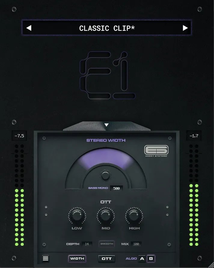 Ebony Systems「E1」倍音とパンチを加えながらトランジェントと低域を保つドラムバス／ミックスバス向けソフトクリッパー｜DTMプラグインセール