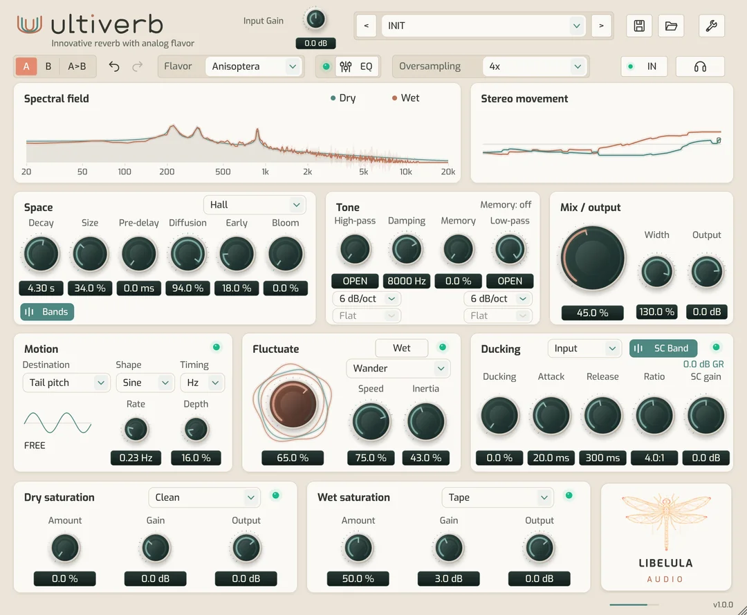 Libelula Audio「Ultiverb」5種類のリバーブとマルチバンドDecay・Ducking・サチュレーションを組み合わせて空間を作り込める無料リバーブプラグイン｜DTMプラグインセール