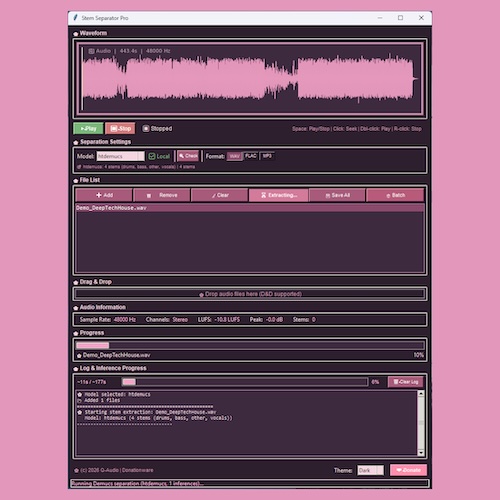 Q-Audio「Stem Separator Pro」ボーカル・ドラム・ベース・ギター・ピアノなど最大6ステムに分離できる無料AI音源分離ソフト｜DTMプラグインセール