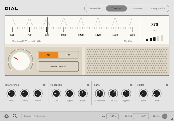 Thenatan「DIAL」ラジオの選局・ノイズ・受信不良まで再現！7ステーション×4種類のラジオモデルで音を放送信号のように加工できるプラグイン｜DTMプラグインセール