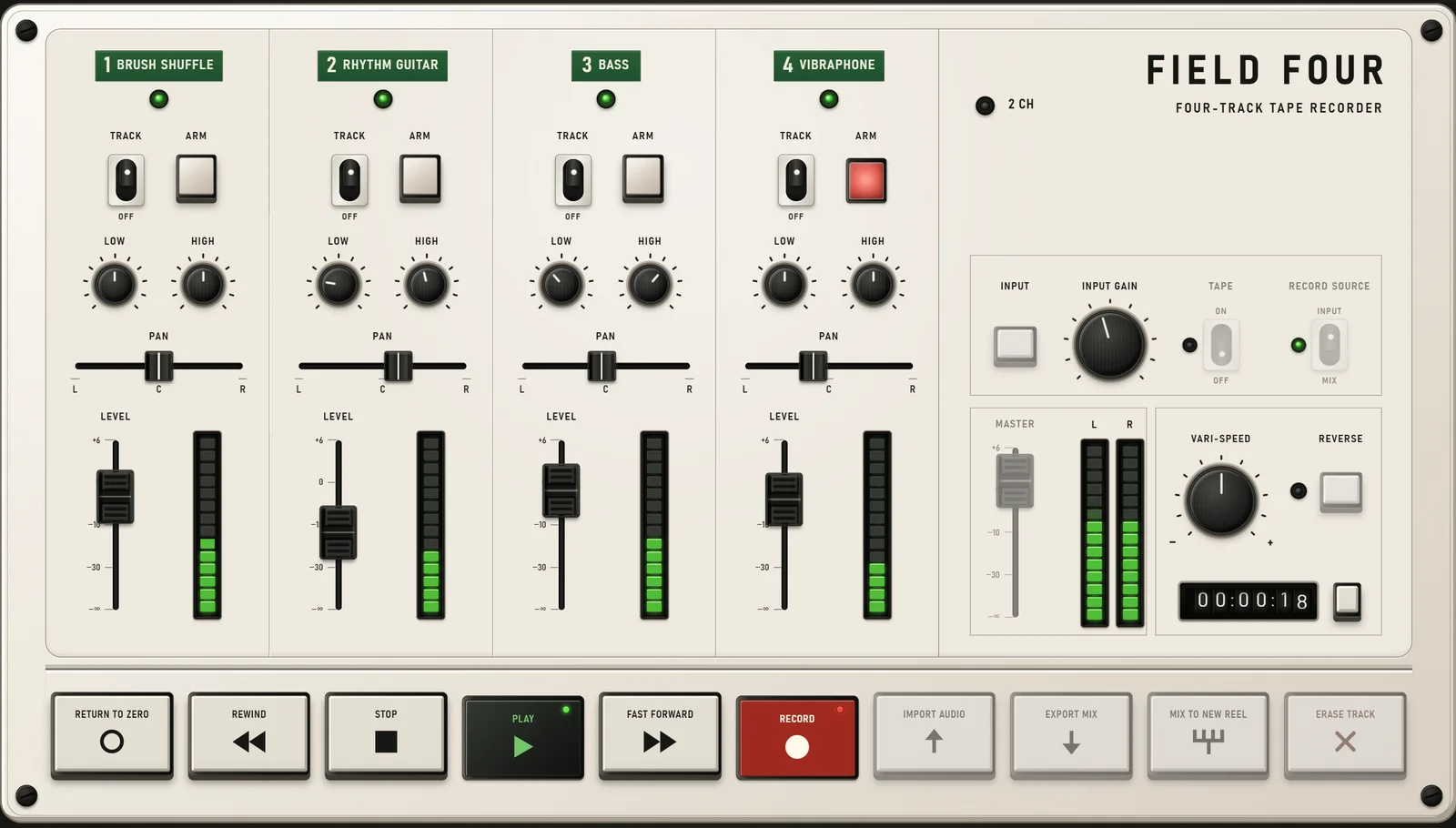 Filmic Gaze「Field Four」4トラックだけで録音・バウンス・ミックス！Portastudioに着想を得たWindows用無料レコーダー｜DTMプラグインセール