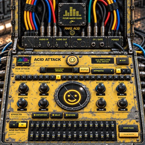Future Makers Sound「ACID ATTACK」16／32ステップのフレーズを自動生成してDAWへ直接ドラッグできる無料MIDIジェネレーター｜DTMプラグインセール