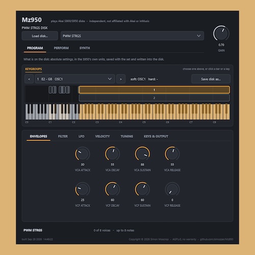 simozzer「Mz950」Akai S900/S950のディスクを読み込み、実機測定のフィルターやエンベロープを再現する無料VST3サンプラー｜DTMプラグインセール
