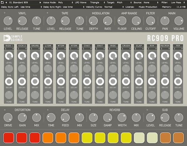SampleScience「RC909 Pro」TR-909サウンドにテープ・カセット・アンプなどの質感を加えたドラム音源｜DTMプラグインセール