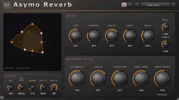 W.A. Production「Asymo Reverb」部屋の形を自由に変形し、回転するリバーブ空間を作れる空間系エフェクト|DTMプラグインセール