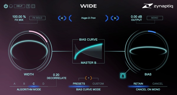 Zynaptiq「WIDE」モノラル互換性を保ちながらステレオ幅を広げ、モノ素材のステレオ化にも対応するイメージャー|DTMプラグインセール