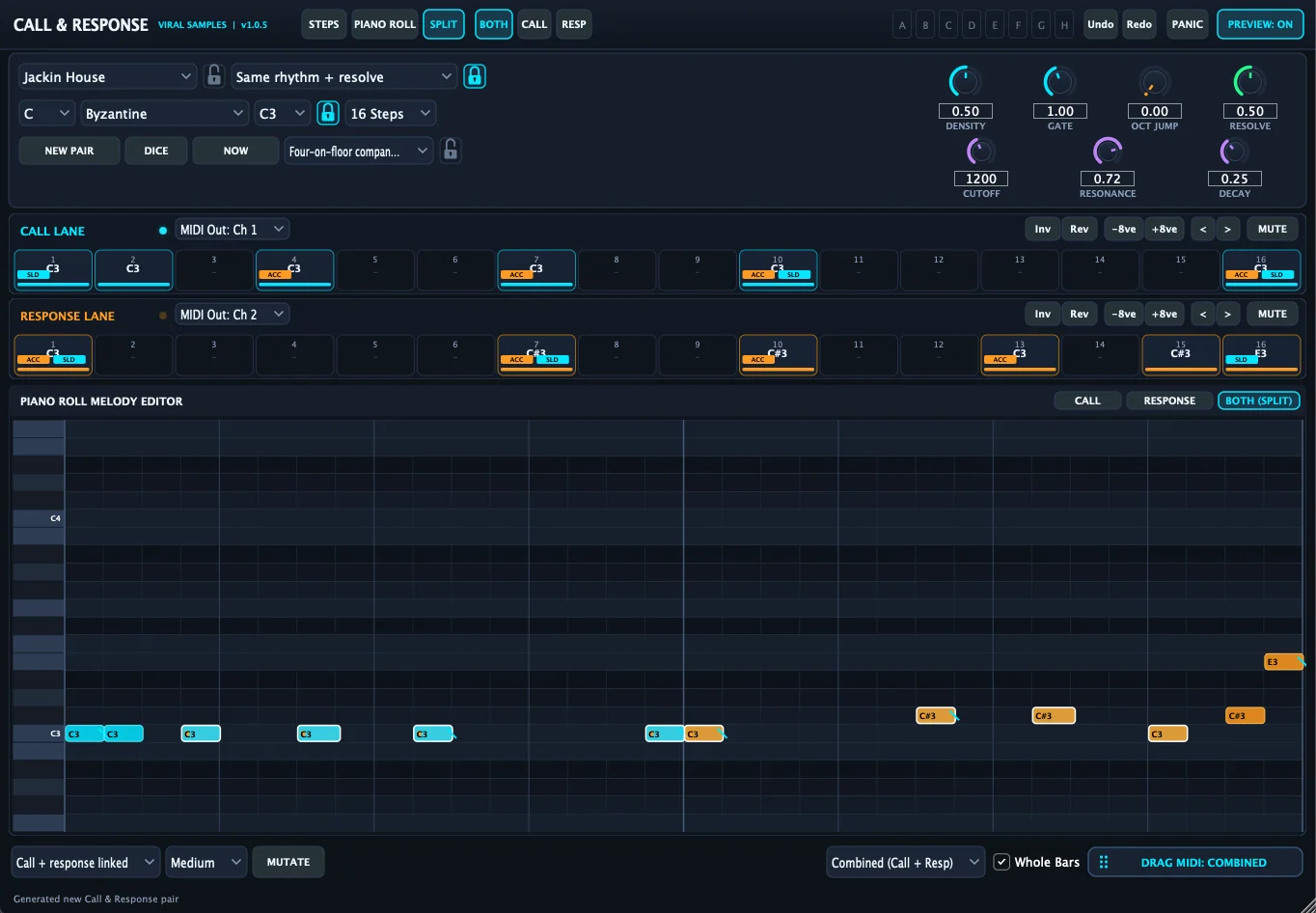 Viral Samples「Call & Response MIDI」2つのフレーズを掛け合わせてメロディやベースラインを生成するMIDI作曲ツール|DTMプラグインセール