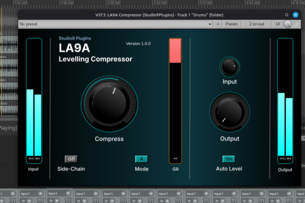 Recording Studio9「LA9A Levelling Compressor」Compressダイヤルを回すだけ!ボーカル・楽器・ミックス全体の音量を整えられる無料コンプレッサー|DTMプラグインセール