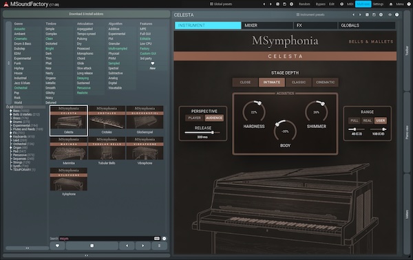 MeldaProduction「MSymphonia: Bells & Mallets」チェレスタ・マリンバ・ビブラフォンなど7種類のベル＆マレット楽器を収録した約3GBのオーケストラ音源｜DTMプラグインセール
