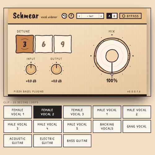 Pizza Bagel Plugins「Schmear」3つのデチューン幅とMixノブだけでボーカルを左右に広げられるワイドナープラグイン｜DTMプラグインセール