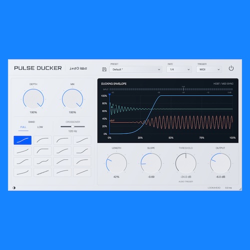 j.mp3 labs「Pulse Ducker」テンポ同期やMIDI・オーディオトリガーに対応！16種類のカーブで音量変化を作れる無料ダッキングプラグイン｜DTMプラグインセール