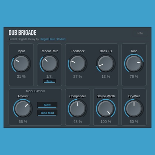 Illegal State of Mind「Dub Brigade」暗く温かいBBDディレイサウンドを再現！自己発振にも対応する無料ディレイプラグイン｜DTMプラグインセール