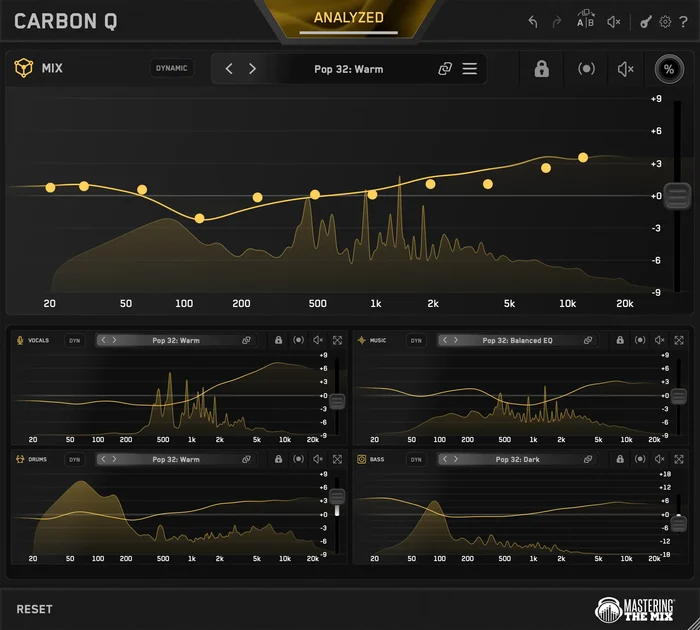 Mastering The Mix「CARBON Q」ボーカル・音楽・ドラム・ベースを連携し、EQと音量バランスをまとめて整えるConnected EQ｜DTMプラグインセール