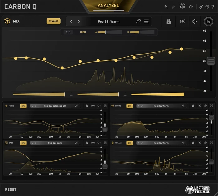 Mastering The Mix「CARBON Q」ボーカル・音楽・ドラム・ベースを連携し、EQと音量バランスをまとめて整えるConnected EQ｜DTMプラグインセール