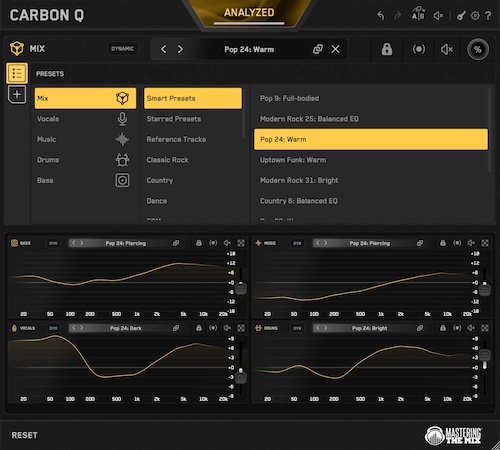 Mastering The Mix「CARBON Q」ボーカル・音楽・ドラム・ベースを連携し、EQと音量バランスをまとめて整えるConnected EQ｜DTMプラグインセール