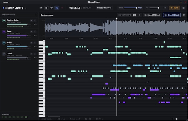 DamRsn「NeuralNote」フルミックスから複数楽器を解析！オーディオを楽器別にMIDI化できる無料Audio to MIDIツール｜DTMプラグインセール