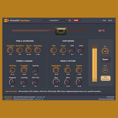 PhotonDSP「TapeEngine」20種類のテープ処理を搭載！きれいなアナログ感から壊れたカセットの質感まで作れる無料テープシミュレーター｜DTMプラグインセール