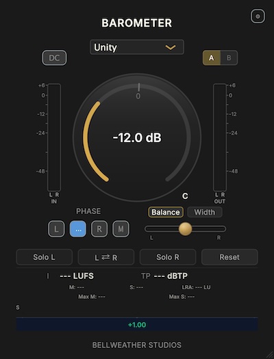 Bellweather Studios「Barometer」ゲイン調整・ステレオ幅・ラウドネス・True Peakを1画面で確認できる無料メータリングプラグイン|DTMプラグインセール