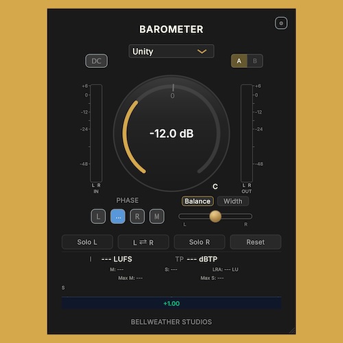 Bellweather Studios「Barometer」ゲイン調整・ステレオ幅・ラウドネス・True Peakを1画面で確認できる無料メータリングプラグイン｜DTMプラグインセール