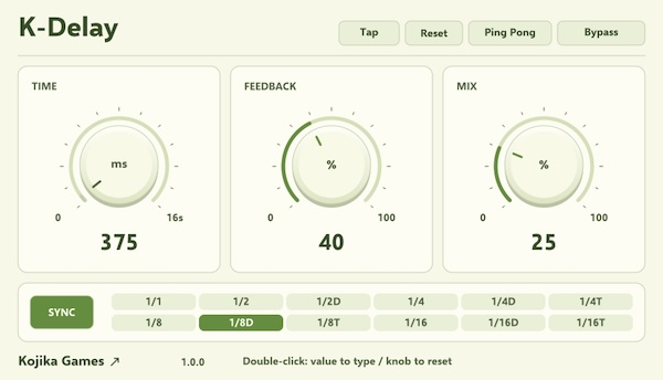 Kojika Games「K-Drum / K-Delay」60鍵対応のドラムサンプラーとテンポ同期・ピンポン機能を備えたステレオディレイの無料プラグイン2種類｜DTMプラグインセール