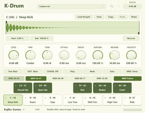 Kojika Games「K-Drum / K-Delay」60鍵対応のドラムサンプラーとテンポ同期・ピンポン機能を備えたステレオディレイの無料プラグイン2種類｜DTMプラグインセール