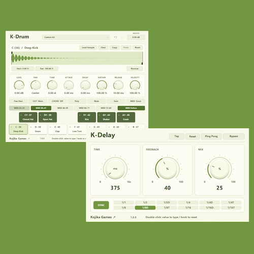 Kojika Games「K-Drum / K-Delay」60鍵対応のドラムサンプラーとテンポ同期・ピンポン機能を備えたステレオディレイの無料プラグイン2種類｜DTMプラグインセール