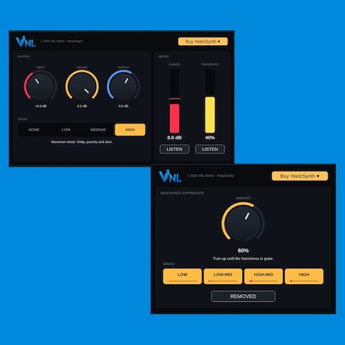 VNL Works「YeetzClipper・YeetzClarity」ドラムやベースの迫力を保つクリッピング処理とミックスの耳障りな響きを抑える無料エフェクト2種類｜DTMプラグインセール