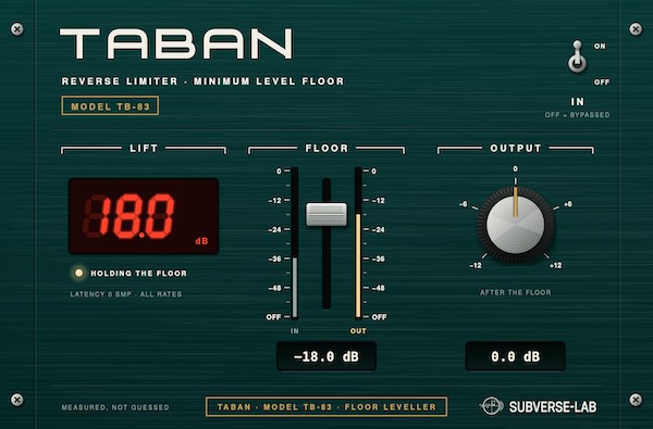 SubverseLab「TABAN」小さな音だけを持ち上げ、大きな音はそのまま！通常のリミッターとは逆の働きで音量の下限を調整する無料プラグイン｜DTMプラグインセール
