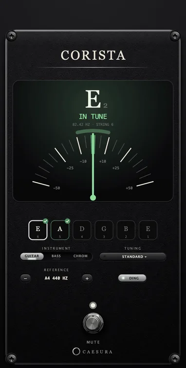 Caesura Effects「Corista」ギター・ベースの音程を高精度に確認！変則チューニングやミュート機能に対応した無料チューナープラグイン｜DTMプラグインセール