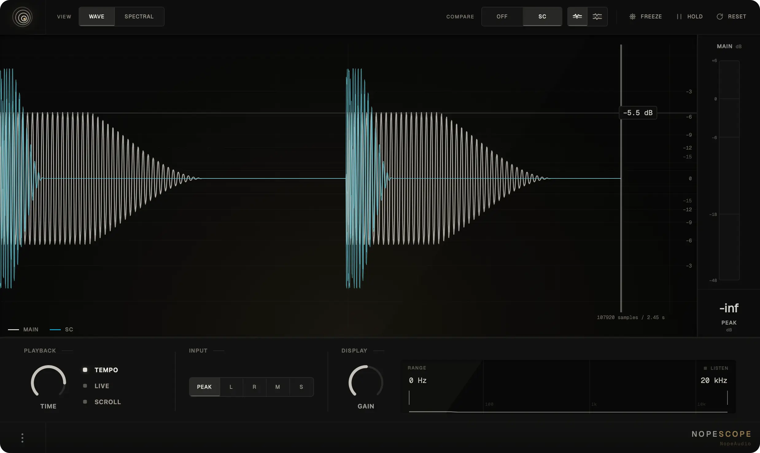 NopeAudio「NopeScope」波形表示・周波数帯域分析・サイドチェーン比較に対応！キックとベースのタイミングや音の変化を視覚的に確認できる無料オシロスコープ｜DTMプラグインセール