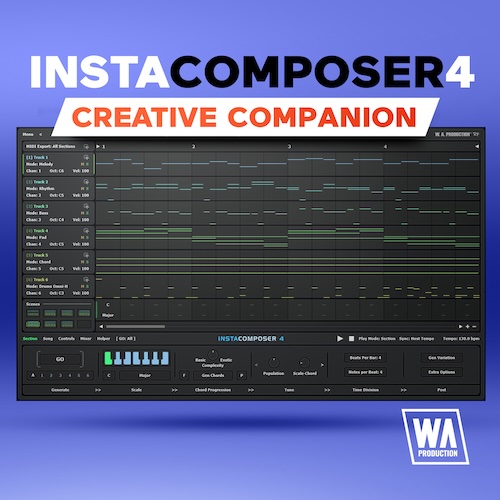 W. A. Production「InstaComposer 4」メロディ・コード進行から楽曲全体まで自動生成！内蔵音源とミキサーを搭載したMIDI作曲支援プラグイン｜DTMプラグインセール