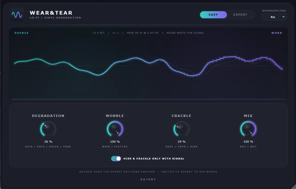 Rouven “Kajuby” Dahlen「Wear&Tear」テープの揺らぎやレコードノイズ、ビットクラッシュによる音質劣化を再現できる無料Lo-Fiエフェクトプラグイン｜DTMプラグインセール