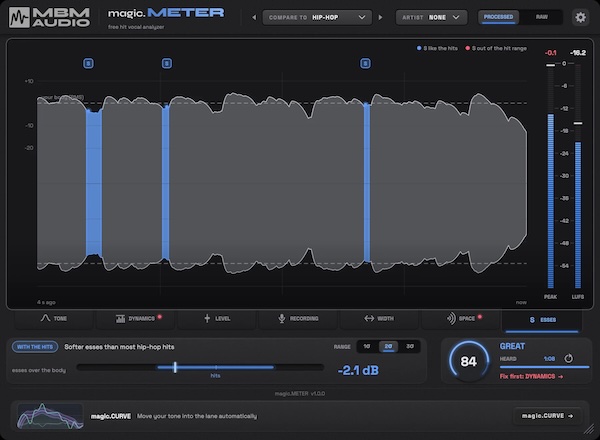 Music By Mattie「magic.METER」3,054曲のヒットソングと自分の歌声を比較!EQ・音量・コンプレッションなど7項目を分析する無料ボーカル解析プラグイン|DTMプラグインセール